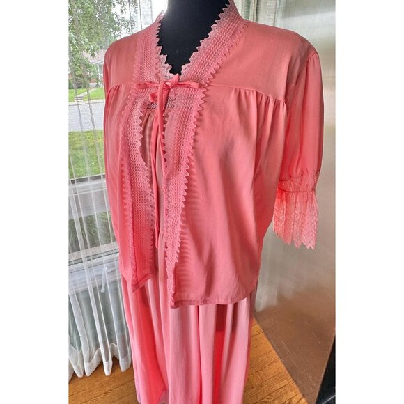 Vintage 1960s lingerie set, peach/coral pastel, negligee & peignoir, 2 pieces - Picture 3 of 10